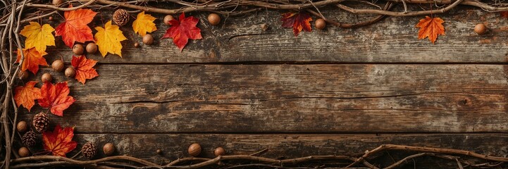 Autumn leaves and pinecones arranged on rustic wooden surface