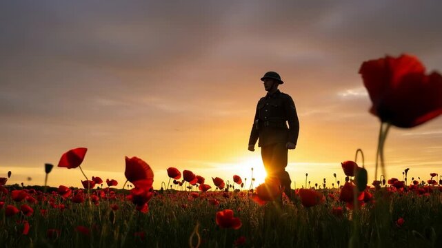 Soldier standing in a field of red poppies at sunset, silhouetted against a vibrant sky, symbolizing remembrance and honoring those who served in the military