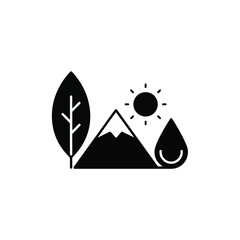 “Minimalist Nature Icon with Leaf, Mountain, Sun, and Water Drop – Eco Environment Symbol Vector”