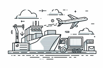 Cargo Ship Docked at Port with Airplane Flying Overhead Symbolizing Global Trade and Transportation Connectivity in Modern Logistics Landscape