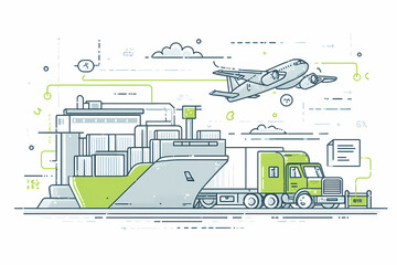Cargo Ship Docking at Port with Airplane Soaring Above Creating a Picturesque Maritime Scene Full of Activity and Movement