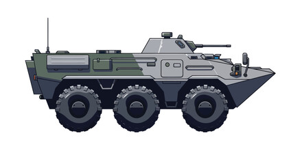 Side profile illustration of a six-wheeled armored personnel carrier with a machine gun turret and camouflage. © wong