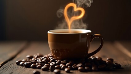 Warm cup of coffee with steam forming a heart shape on a rustic wooden table surrounded by coffee beans