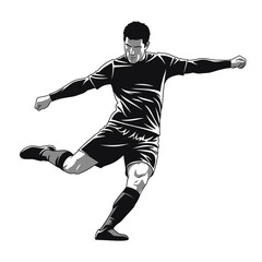 Naklejka premium Monochrome vector illustration of a male soccer player executing a powerful kick, isolated on a white background