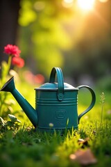 Rustic Watering Can in Vibrant Summer Sunlight, Lush Green Foliage, Tranquil Gardening Scene, Perfect for Home and Summer Themes