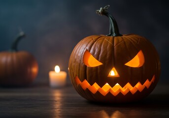 A spooky carved jack-o'-lantern pumpkin with glowing eyes and mouth, lit by a candle in a dark, atmospheric Halloween setting.