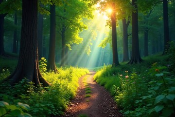 Sunlit Autumn Trail Winding Deep into a Lush Forest An Enchanting Scene Perfect for Adventure and Exploration