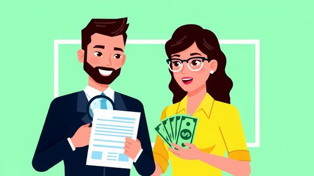 animated video features smiling caucasian man with beard and woman in glasses, holding financial document & dollars, subtle dolly-in on light green. Business and finance concept