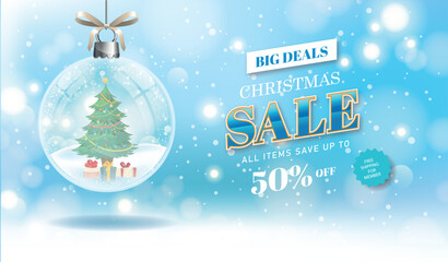 Christmas Sale Banner with Glass Ball Ornament and Holiday Tree Background
