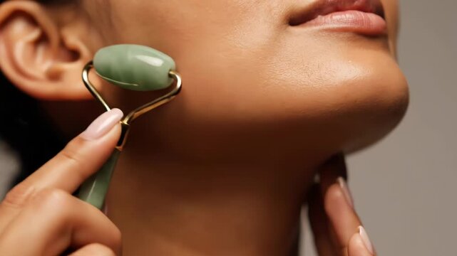 Closeup of a womans face using a jade roller on her jawline for skincare and beauty treatment vector illustration
