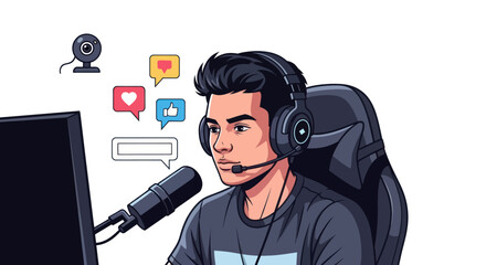 Young male gamer and streamer with headphones and microphone broadcasting live content with social media icons. © wong