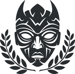 Obraz premium Stylized tribal mask surrounded by laurel leaves representing cultural heritage and artistic expression.
