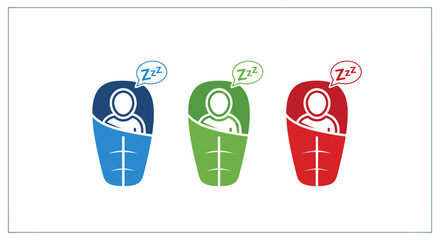 Colorful Sleeping Bag Icons with Zzz Speech Bubbles.