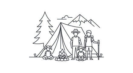 Family camping adventure with tent campfire and mountain backdrop.