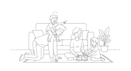 Line Art Illustration of a Family Playing Together in a Living Room Setting.
