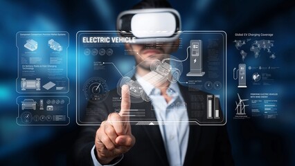 A businessman interacts with virtual reality technology to visualize electric vehicle information and charging solutions, showcasing innovation in the digital space. Raster