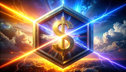A golden dollar sign within a hexagonal frame is bathed in brilliant light, overlaid with streaks of orange and blue energy and atmospheric clouds