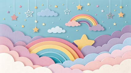 Obraz premium Pastel cloud and starry sky frame background. rainbow with clouds, abstract background with clouds