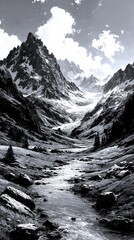Breathtaking view of a glacial valley with mountains and a river during a clear day in late spring