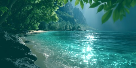 Crystal clear waters reflect moonlight at a tranquil beach surrounded by lush greenery and towering cliffs in a serene nighttime setting