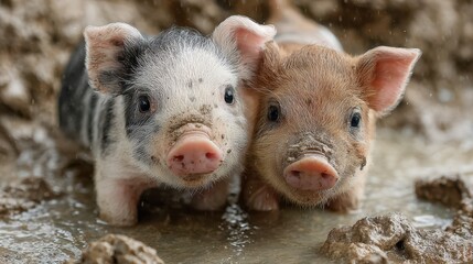 Cute piglets playing in a muddy puddle on a farm during a rainy day near a barn
