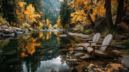 Autumn river landscape featuring wooden chairs beside a tranquil stream in a forested area