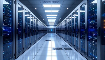 A long corridor filled with rows of server racks, illuminated with bright overhead lights. The reflection of the room is on the floor