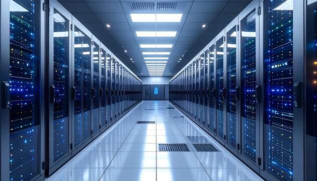 A long corridor filled with rows of server racks, illuminated with bright overhead lights. The reflection of the room is on the floor