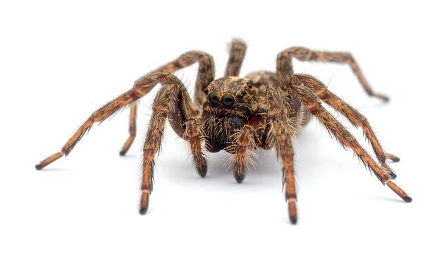 A close-up studio shot of a large brown spider with hairy legs and multiple eyes on a white background