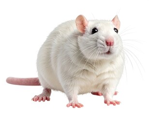 A close-up studio shot of a white rat standing on a white background, looking upwards