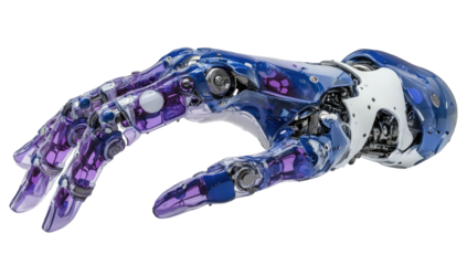 Robotic hand with blue, clear, and white parts