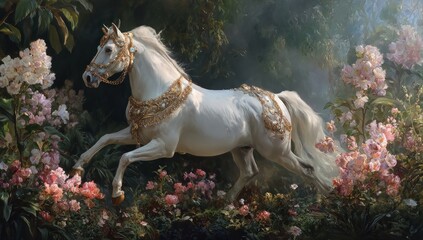Elegant white horse gallops in lush garden with flowers and foliage