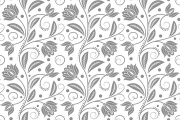Fototapeta premium Elegant grey floral seamless pattern with decorative leaves and blossoms, classic ornamental design for wallpaper, fabric, wrapping, invitation, and stylish background decoration.