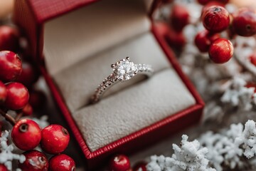 Elegant Diamond Ring Displayed in a Red Box Surrounded by Festive Decorative Berries