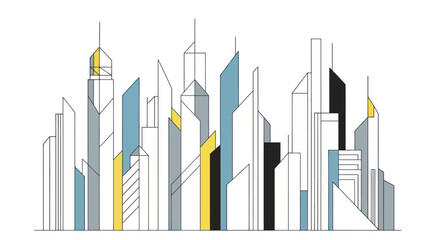 Stylized Modern City Skyline Illustration with Geometric Buildings.