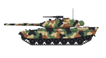 Camouflaged Military Tank with Long Gun Barrel and Turret. © wong