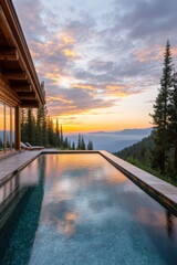 Obraz premium A serene mountain retreat showcasing a modern pool reflecting a stunning sunset, framed by tall trees and panoramic views, Ideal for travel brochures, vacation rentals, or nature-related promotions,