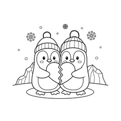 Penguins Winter Broken Heart Snowy Mountains Black and White Illustration