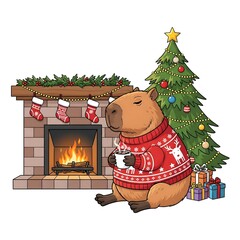 Capybara Christmas Cozy Fireplace Holiday Sweater Festive Scene