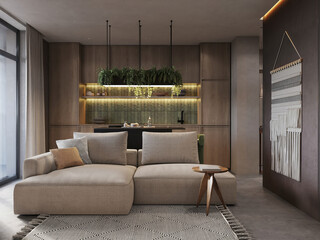 Contemporary living room and dining area with neutral decor, vertical garden, and ambient lighting.