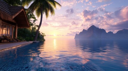 A tranquil tropical scene featuring a serene poolside view at sunset, surrounded by lush vegetation and a distant mountain backdrop, Ideal for travel, relaxation, or vacation branding materials,