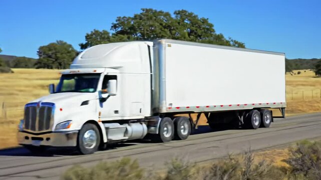 A gleaming white semi-truck with a chrome grille and refrigerated trailer slowly navigates a rural asphalt road through sun-baked fields under a blue sky, commercial freight transportation aesthetics