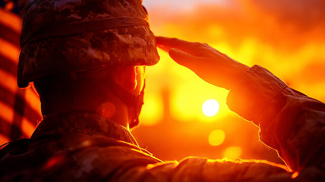 Silhouette of a US Army soldier against the sunset with the US flag. A  Soldier's greeting. Veterans Day.