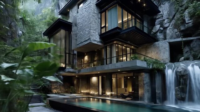 Modern residence nestled between cliffs and a cascading waterfall