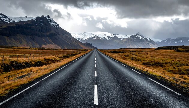 A long, dark asphalt road stretches into the distance, flanked by fields, toward snow-capped mountains beneath a cloudy sky - Powered by Adobe