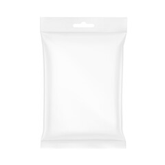 Blank realistic pillow bag with hang slot mockup. Front view. Vector illustration isolated on white background. Perfect to create your final pack shot. EPS10.