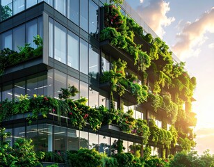 Photorealistic exterior of a modern office building with a lush living green facade 2