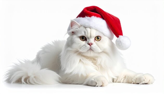 White Persian cat in Santa hat lying with paws stretched forward&mdash;highlighting festive elegance, fluffy charm, and holiday warmth.