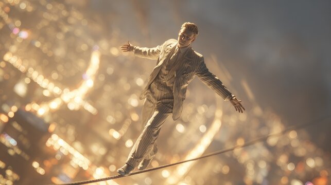 A skilled tightrope walker balances high above the city, showcasing incredible talent against a vibrant night sky