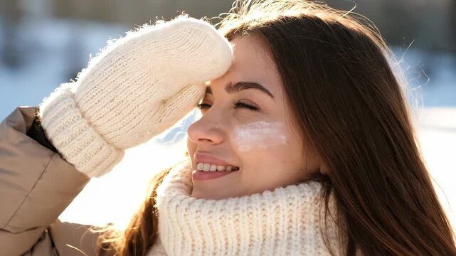 Young woman with sunscreen on her cheek, wearing a warm scarf and mitten, enjoying a sunny winter day outdoors vector illustration